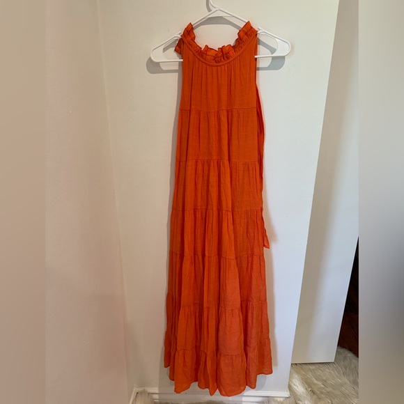 Entro Women Orange Sleeveless Ruffle Halter Neck Tie Back Tiered Maxi Dress SZ S - Picture 1 of 3